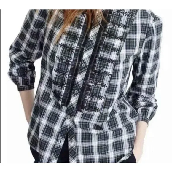 J. Crew Women Beaded Embellished Forest Green Tartan Plaid Shirt Small Sequin - Picture 2 of 14